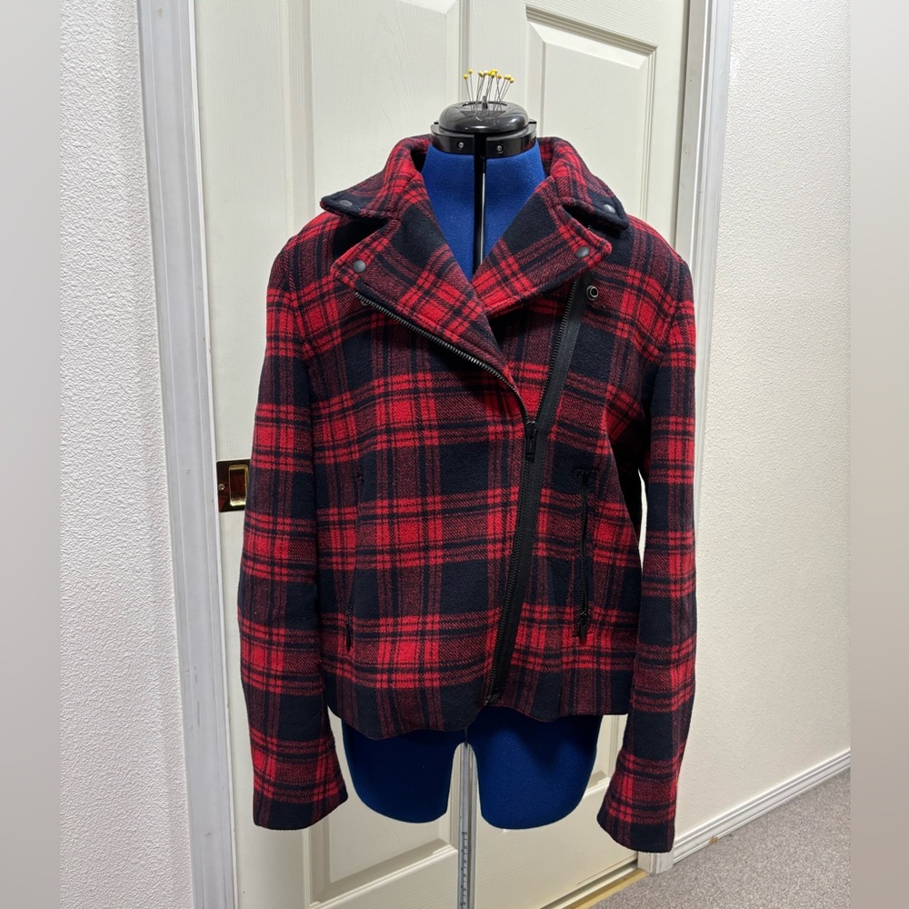 Gap moto jacket, red/black plaid, XL, wool/poly blend